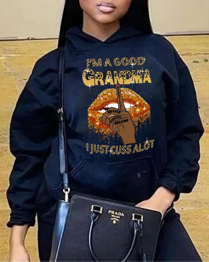 

Plus Size Slogan Print Long Sleeve Hoodie, Black