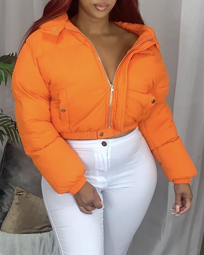 

Zipper Design Long Sleeve Puffer Coat, Orange