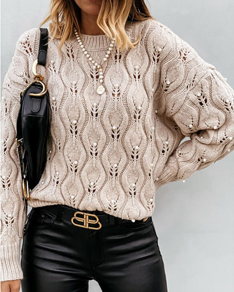 

Pearls Decor Drop Shoulder Open Knit Sweater, Apricot