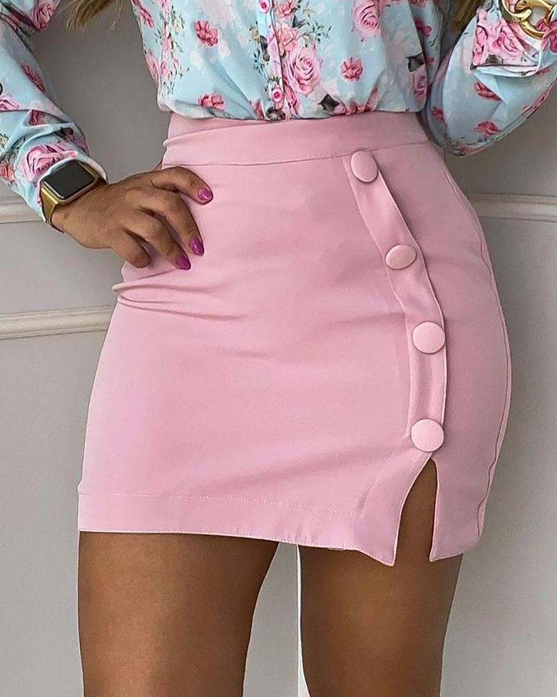 

High Waist Buttoned Slit Skirt, Pink