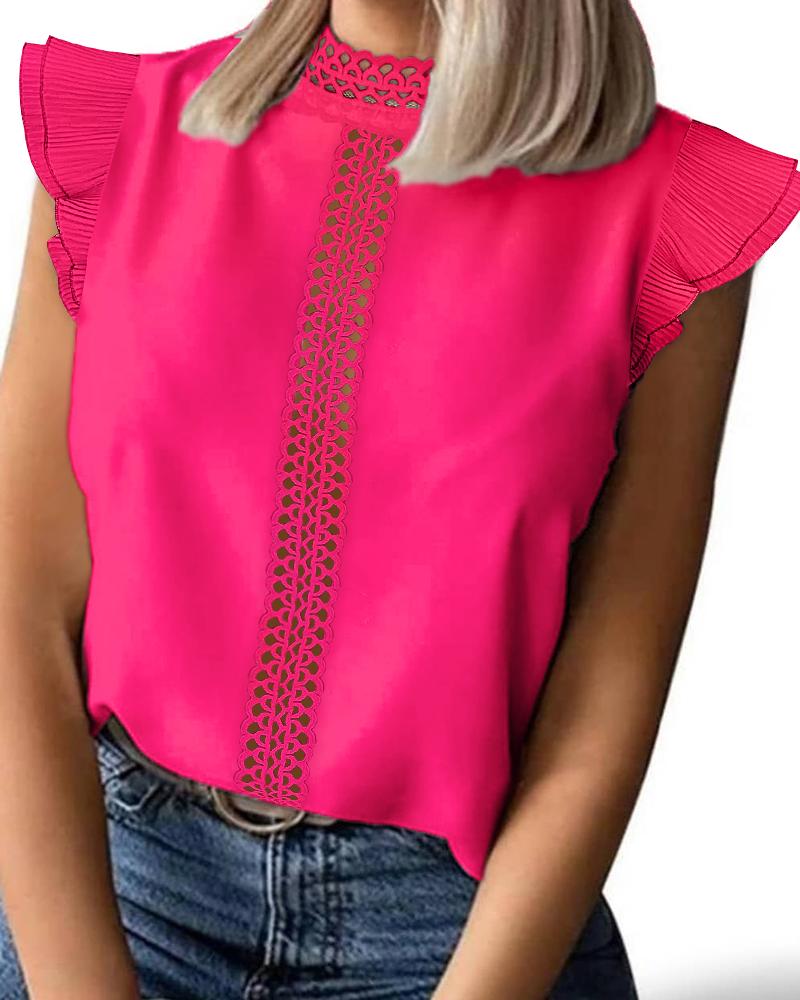 

Contrast Lace Flutter Sleeve Top, Rose red