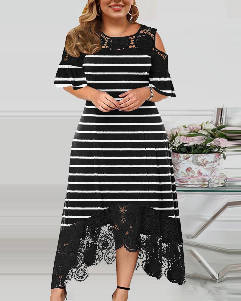 

Plus Size Contrast Lace Cold Shoulder Striped Print Dress, Black