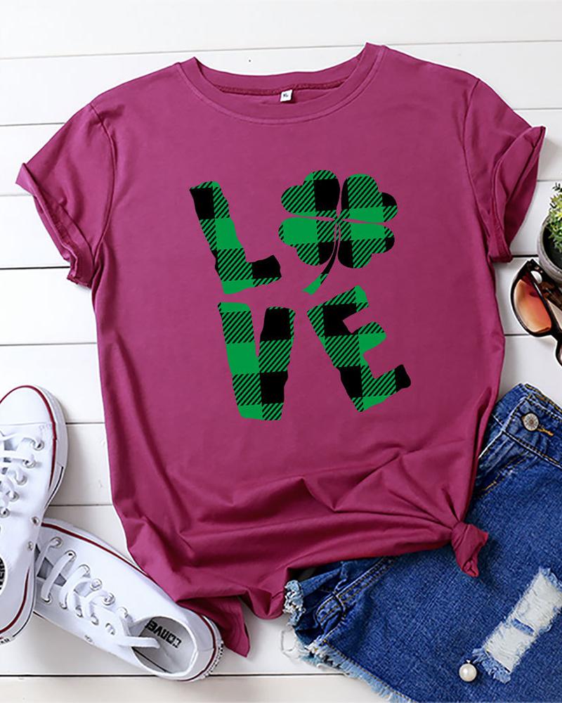 

Plaid & Letter Print Short Sleeve Casual T-shirt, Wine red