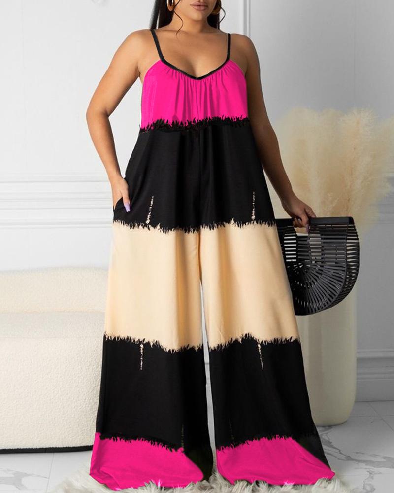 

Colorblock Pocket Design Ruched Wide Leg Jumpsuit, Hot pink