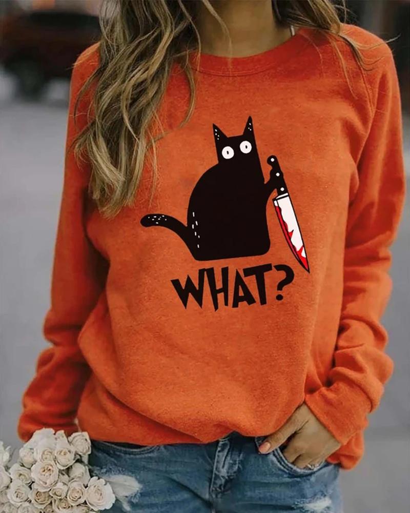 

Halloween Letter Cat Print Casual Sweatshirt, Orange