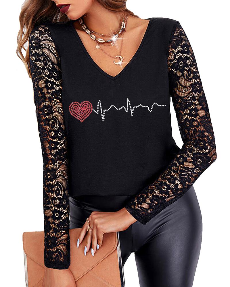 

Valentine' Day Crochet Lace Long Sleeve Rhinestone Top, Style1