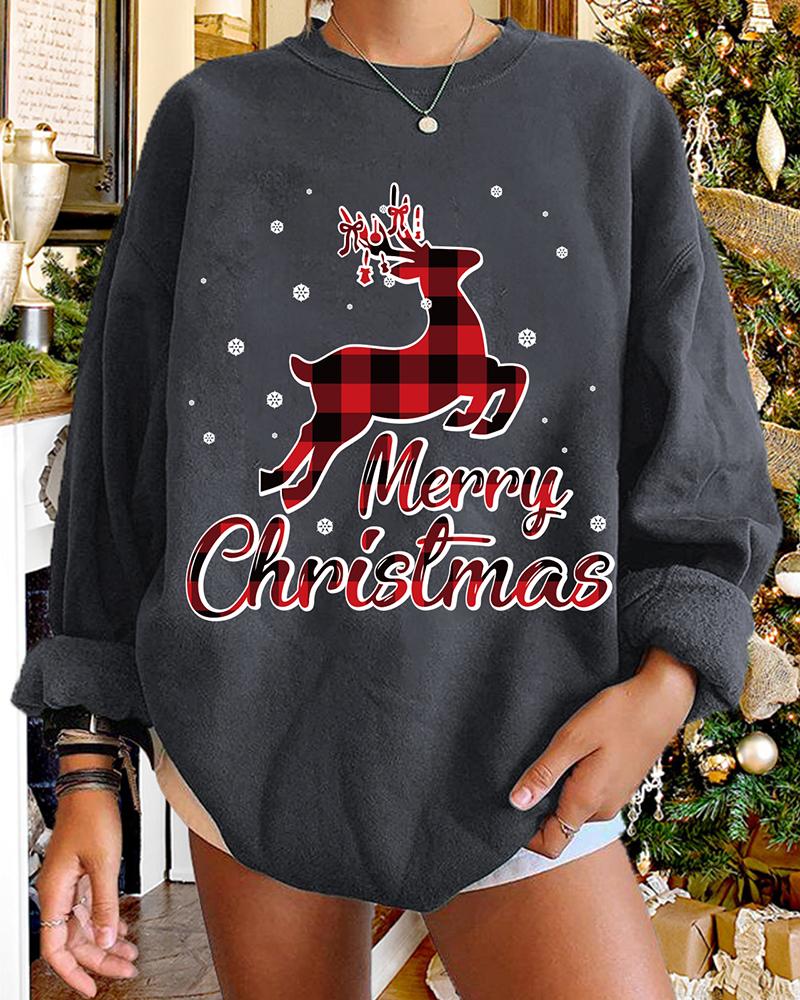 

Christmas O-neck Plaid Elk Print Sweatshirt, Gray