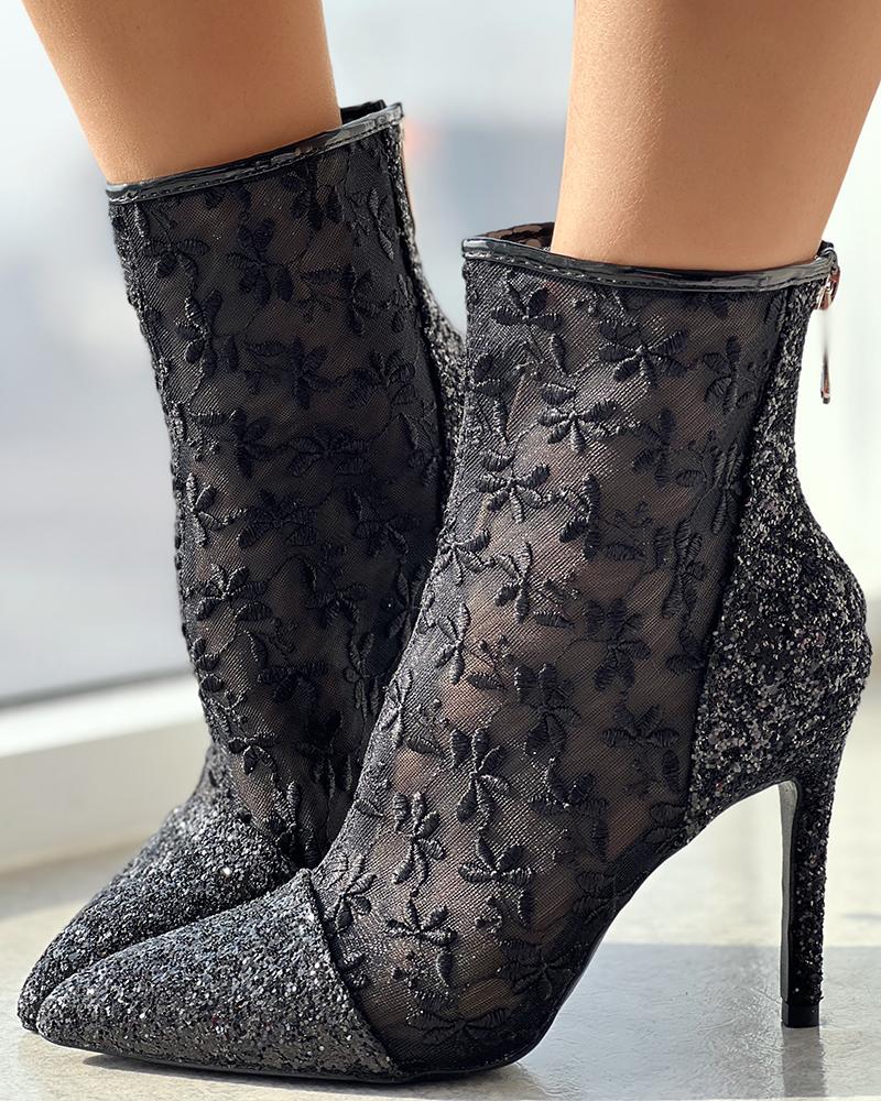 

Lace Embroidery Contrast Sequin Ankle Boots, Black