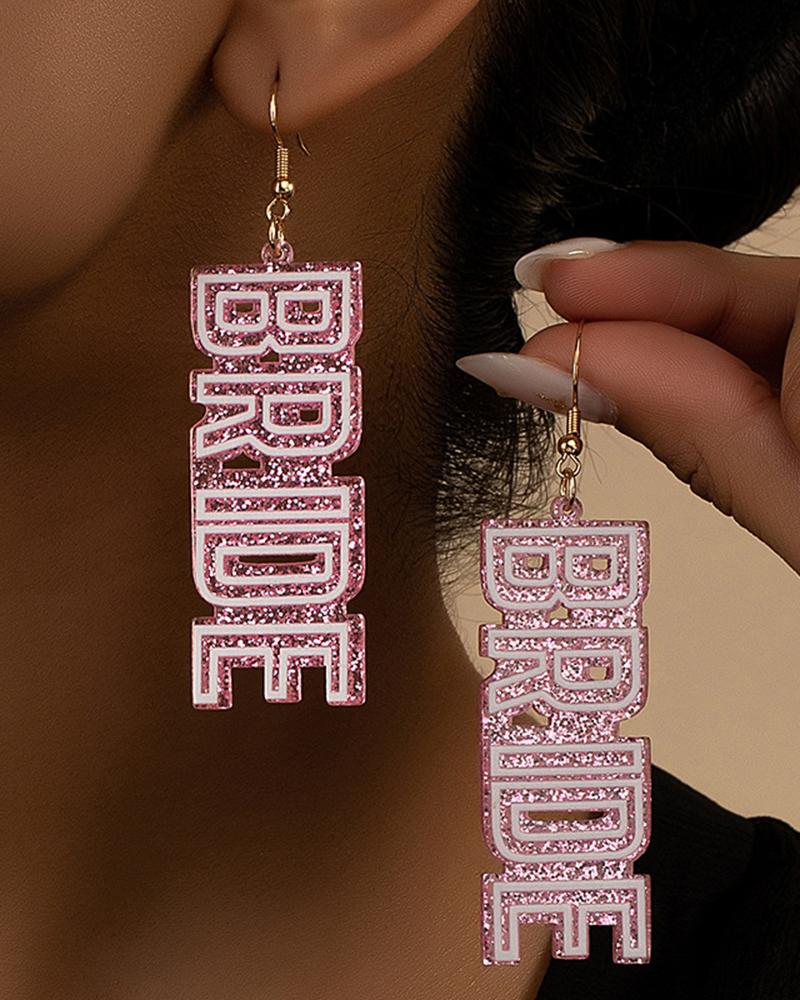 

1Pair Glitter BRIDE Letter Pattern Hook Earrings, Pink