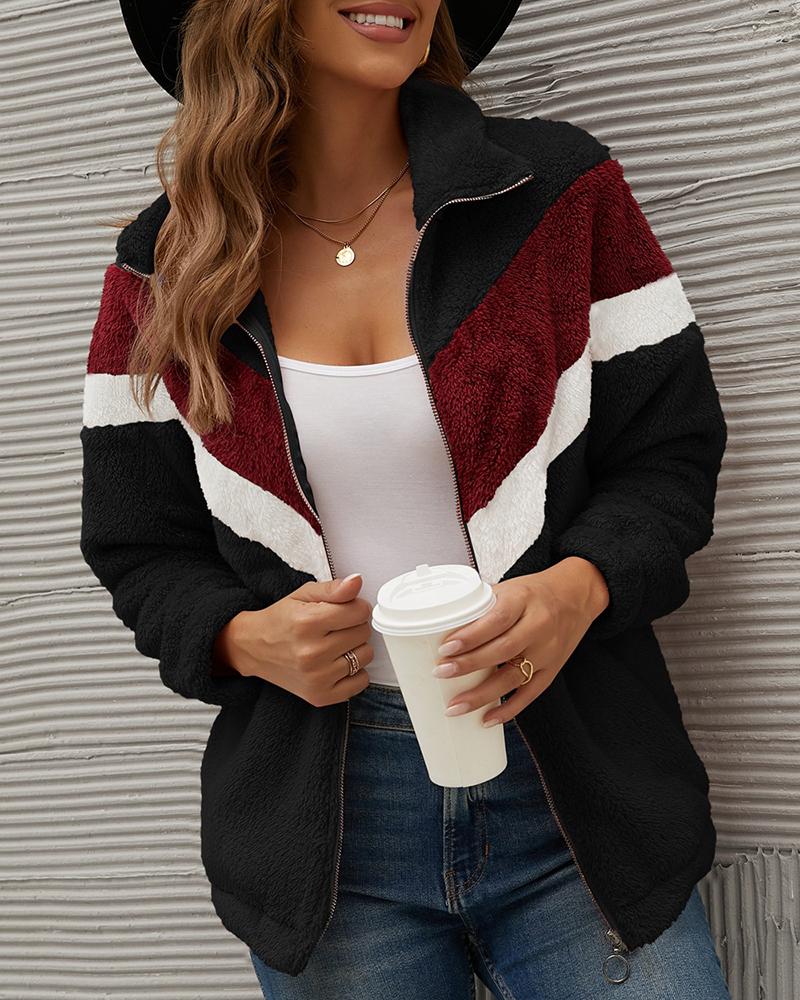 

High Neck Colorblock Zipper Design Teddy Coat, Black