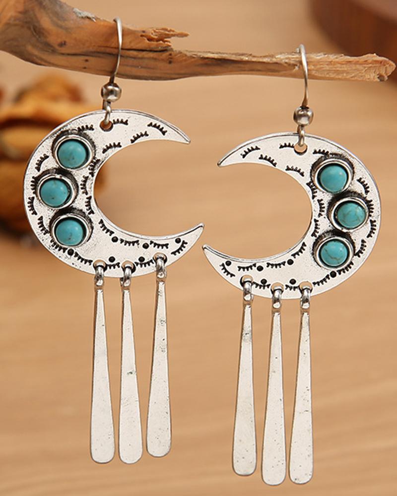 

1Pair Bohemian Moon Turquoise Tassel Hook Earrings, Silver