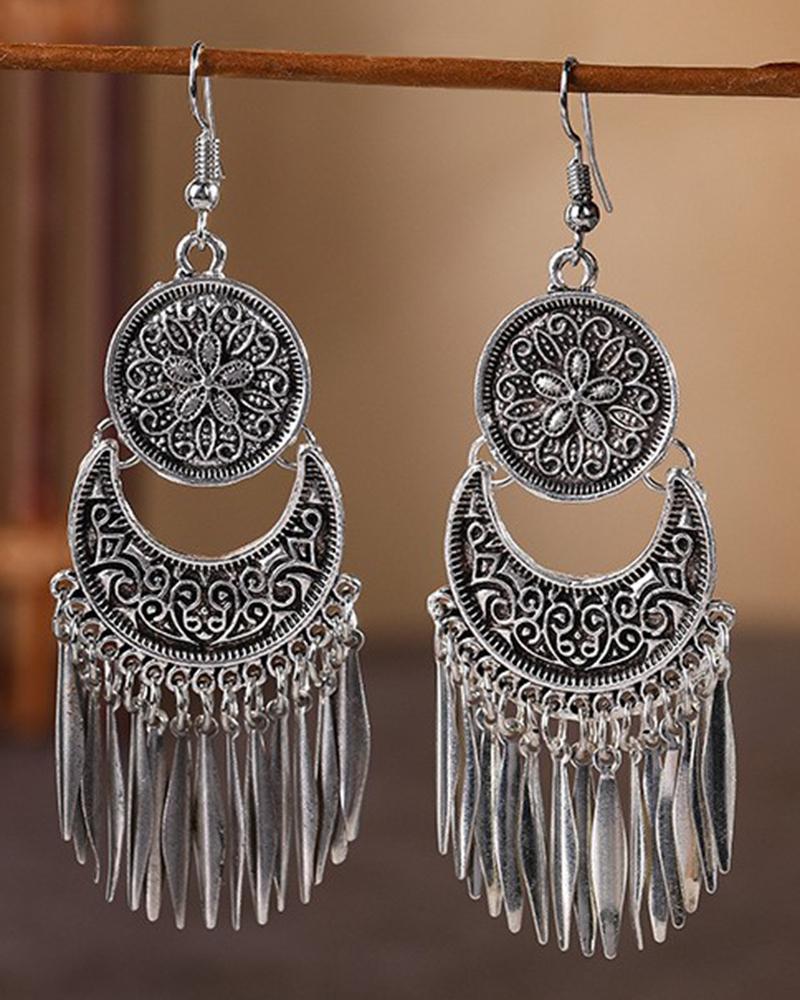 

1Pair Vintage Nationality Geometric Tassel Dangle Earrings, Black