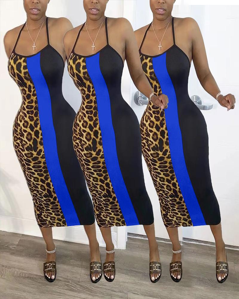 

Colorblock Leopard Skinny Strap Bodycon Midi Dress, Blue