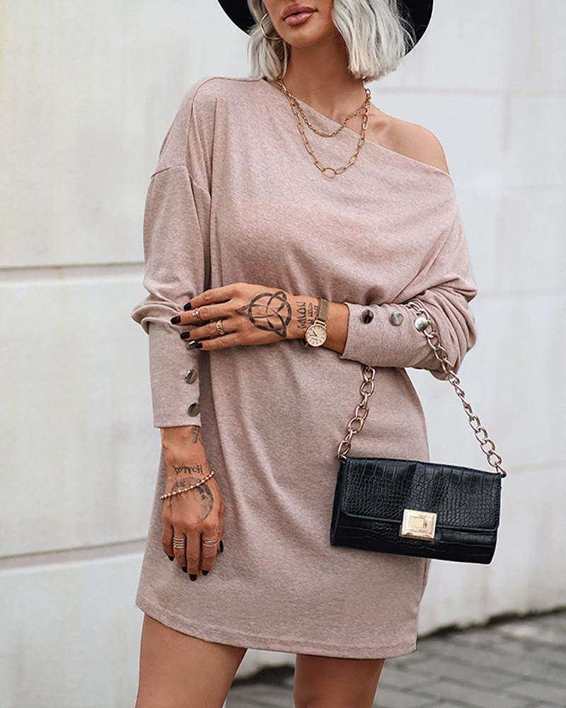 

Cold Shoulder Button Decor Long Sleeve Casual Dress, Apricot