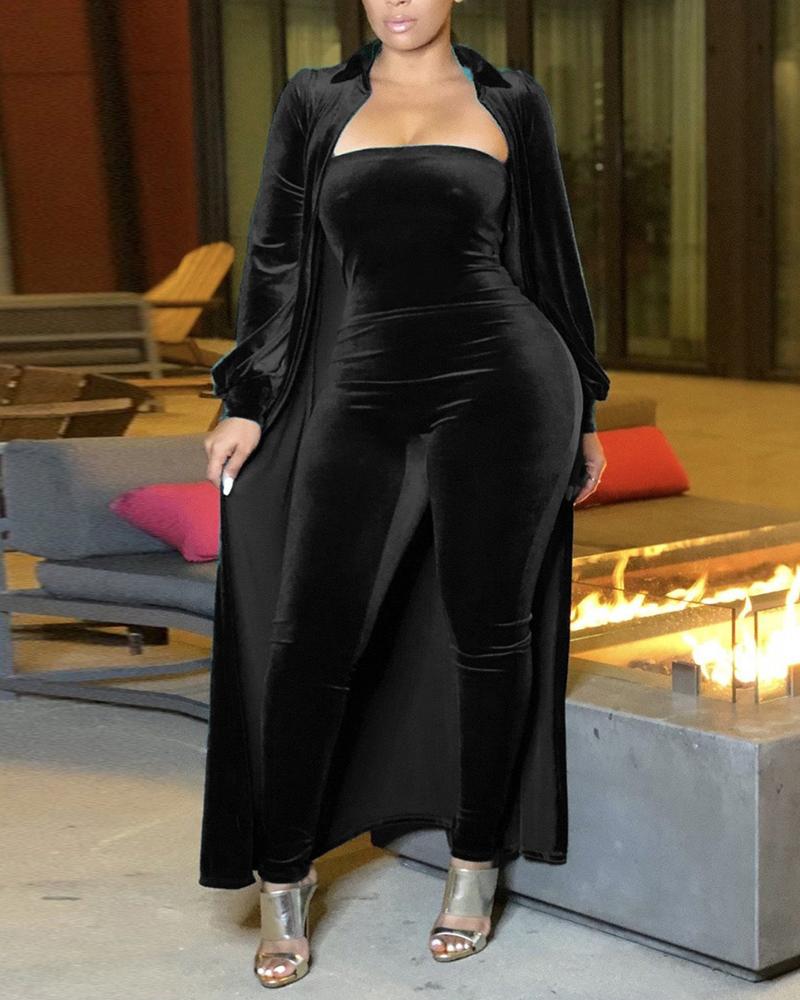 

Plus Size Velvet Tube Jumpsuit With Longline Coat, Black