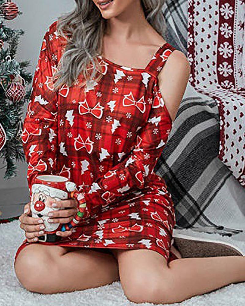 

Christmas One Shoulder Mixed Print Long Sleeve Dress, Style5