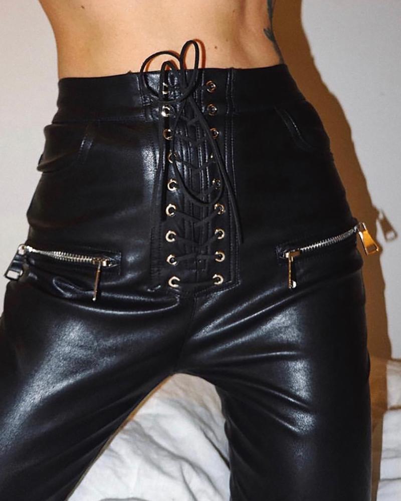 

Eyelet Lace-up Zipper Design PU Pants, Black