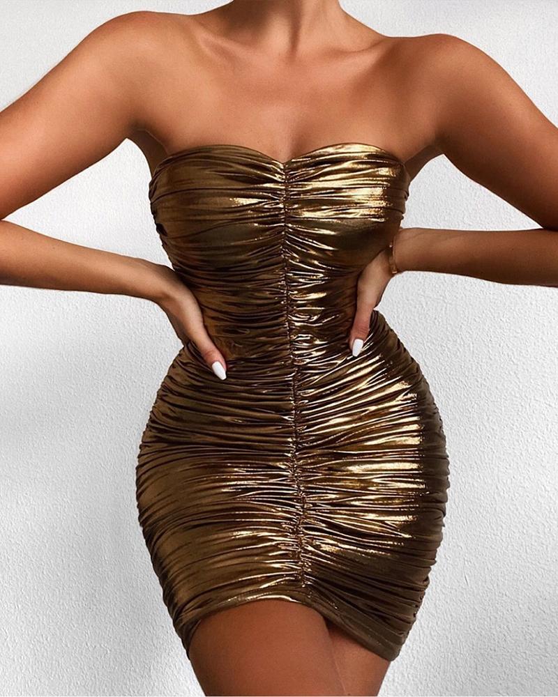 

Bandeau Metallic Ruched Party Dress, Gold