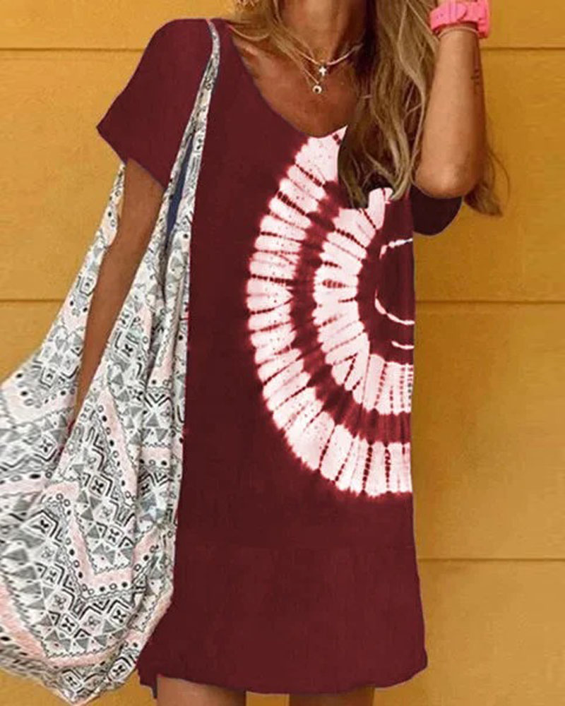 

Tie Dye Print V-Neck Casual Dress, Wine red