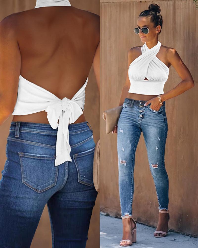 

Plain Neck Hanging Cold Back Blouse, White