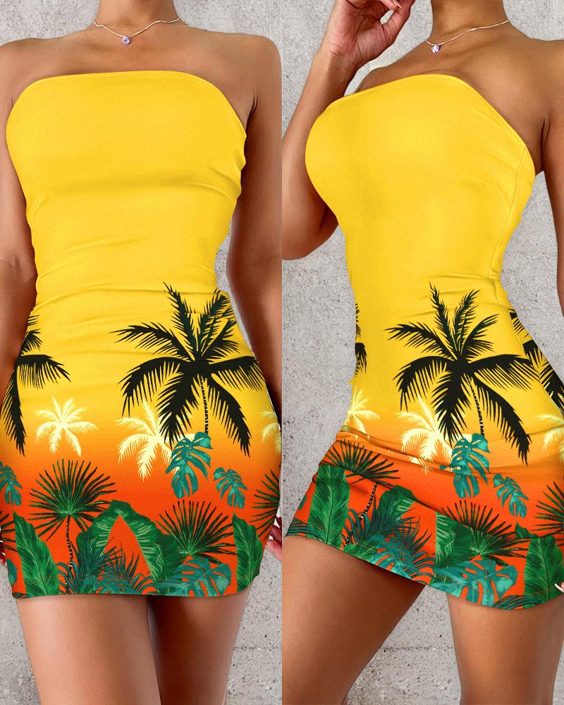 

Ombre Tropical Print Bandeau Bodycon Dress, Yellow