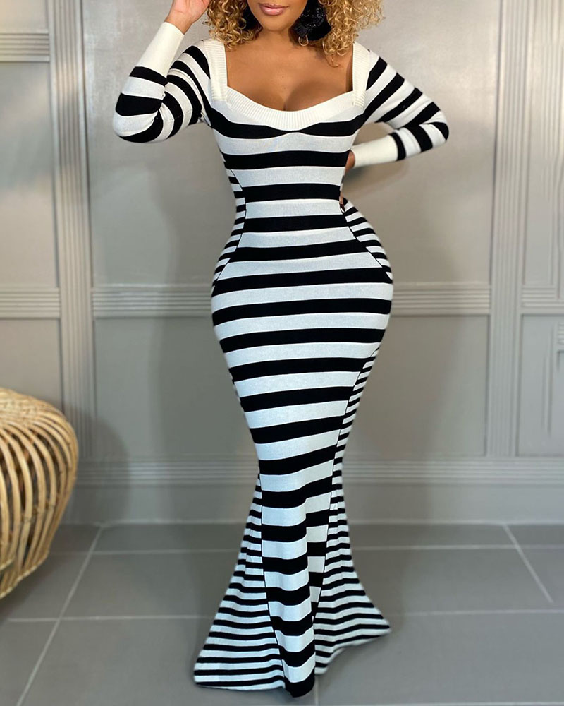 

Striped U Neck Long Sleeve Mermaid Evening Dress, Black