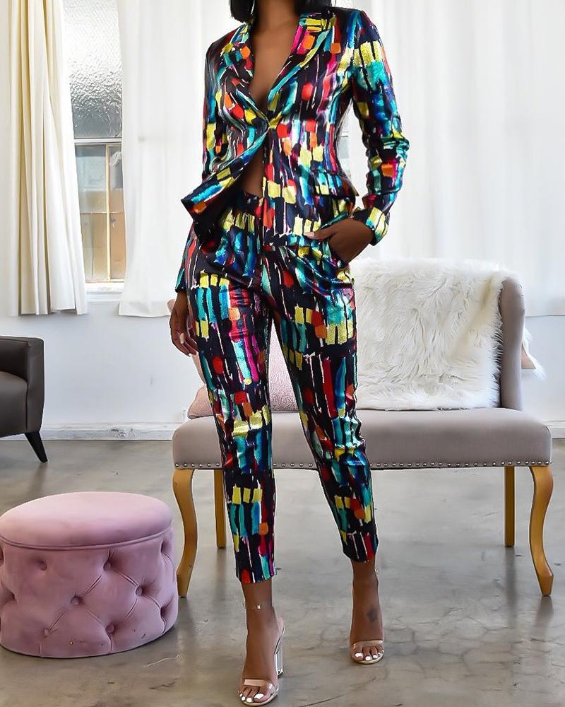 

Graphic Print Buttoned Blazer Coat & Pocket Design Pants Set, Multicolor