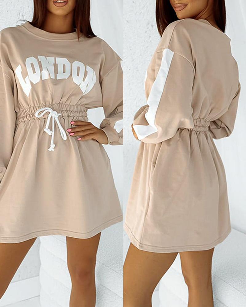 

Letter Print Drawstring Lantern Sleeve Casual Dress, Apricot