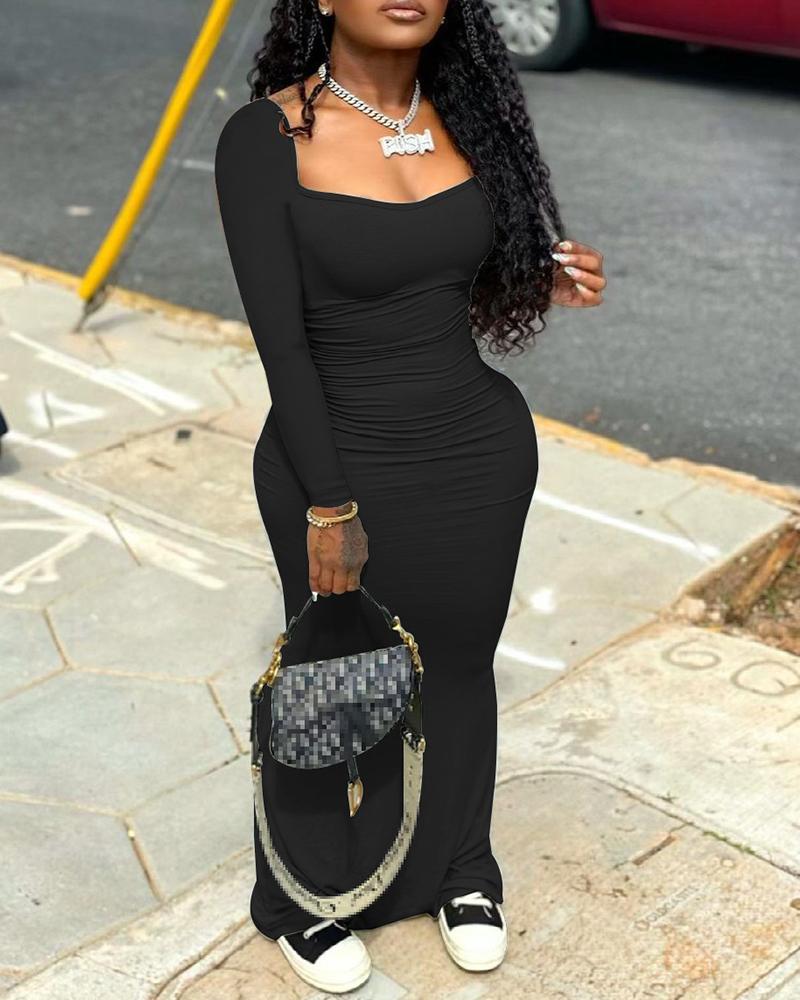 

Plain Long Sleeve Ruched Maxi Dress, Black