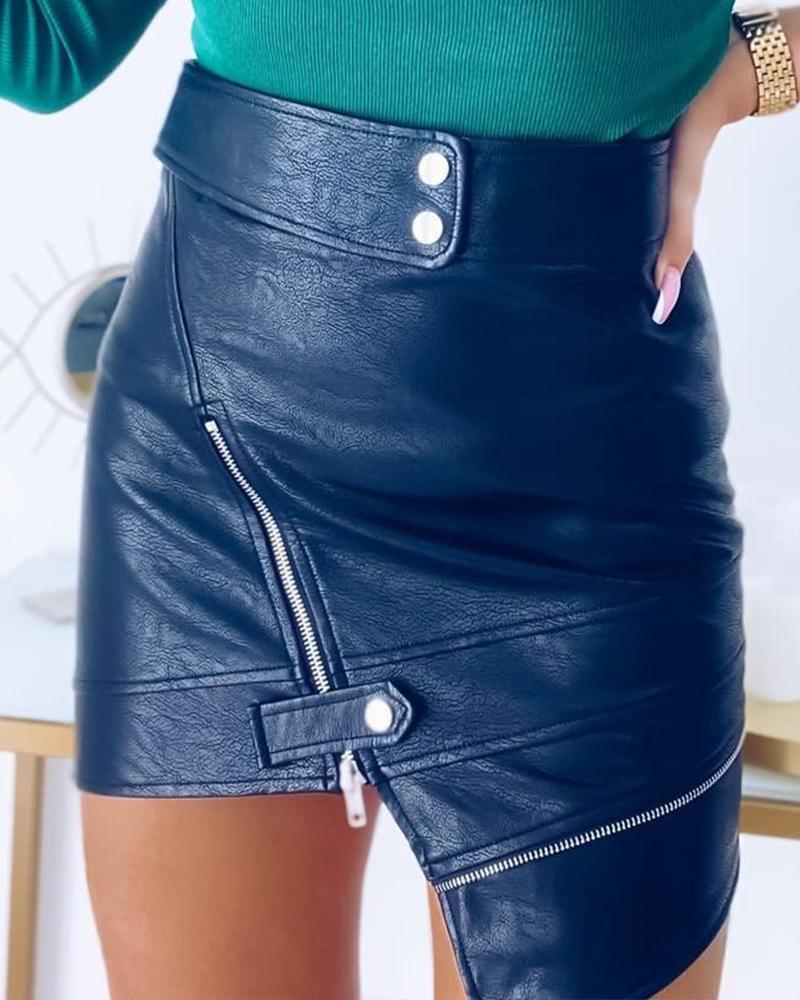 

Zipper Detail Asymmetrical PU Leather Mini Skirt, Black
