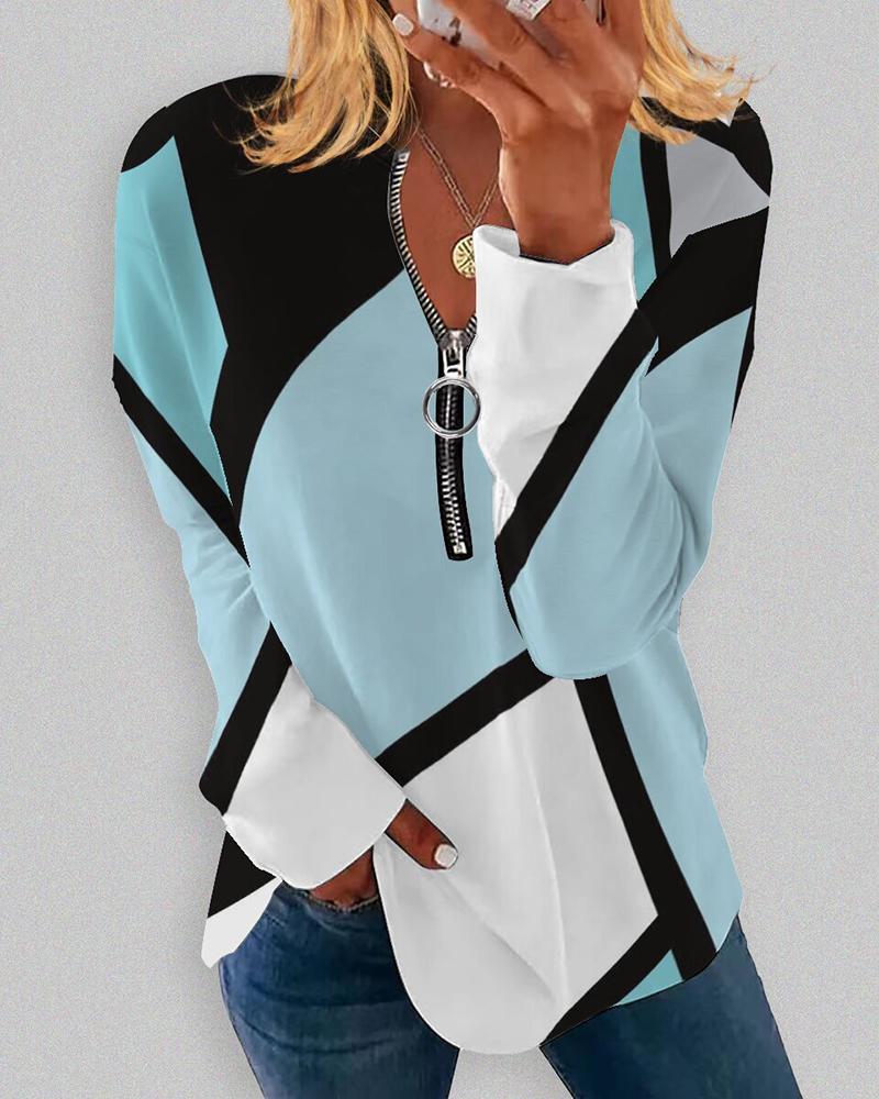 

Geometric Print Zipper Design Top, Lighted blue