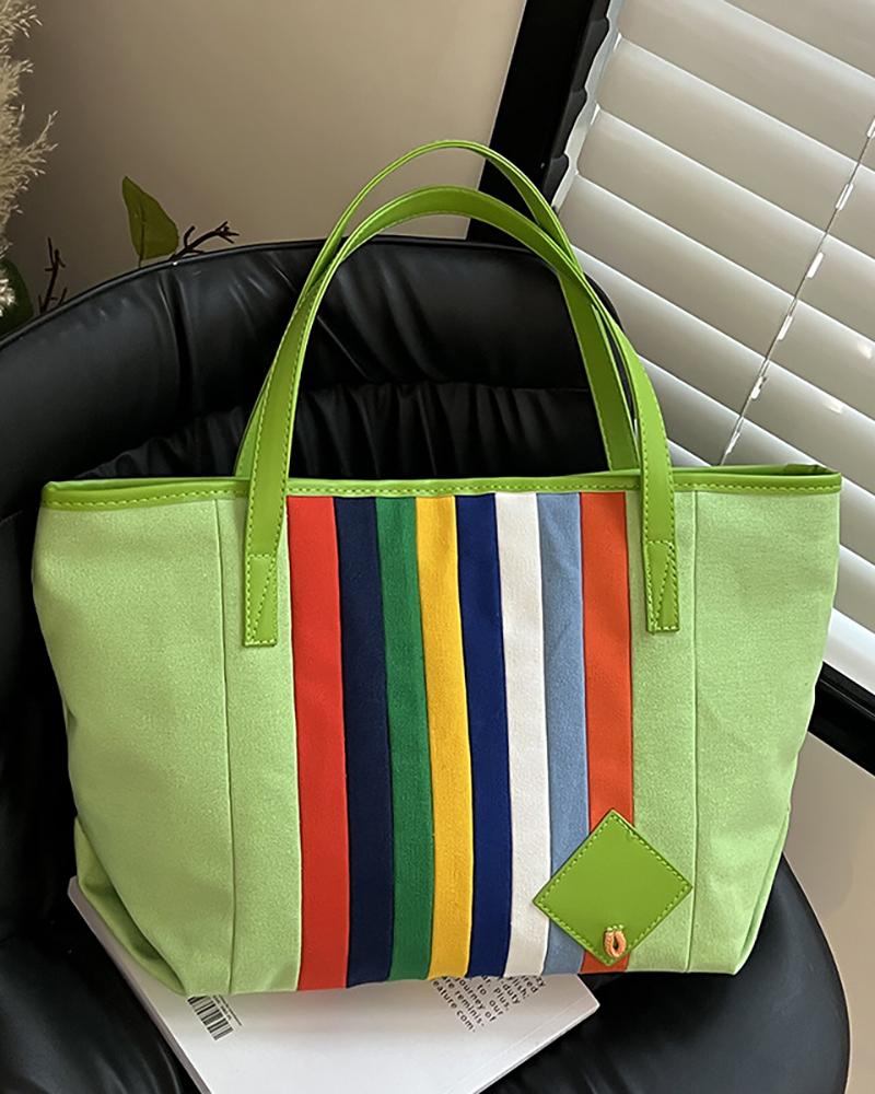 

Rainbow Stripe Print Canvas Tote Bag, Green