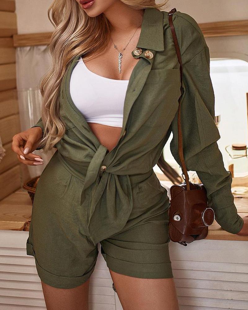 

Long Sleeve Button Design Top & Shorts Set, Army green