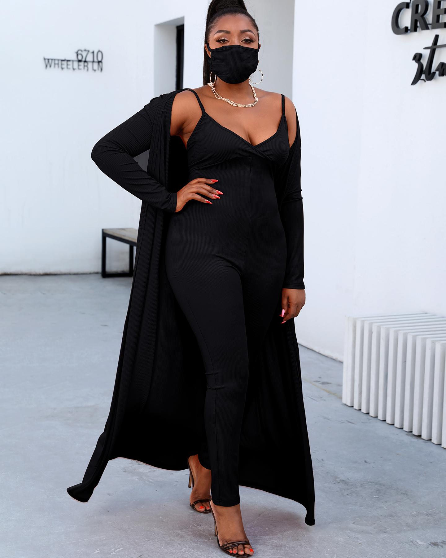

Plus Size Ribbed Plain Crop Top & Pants Set With Coat & Mask, Black