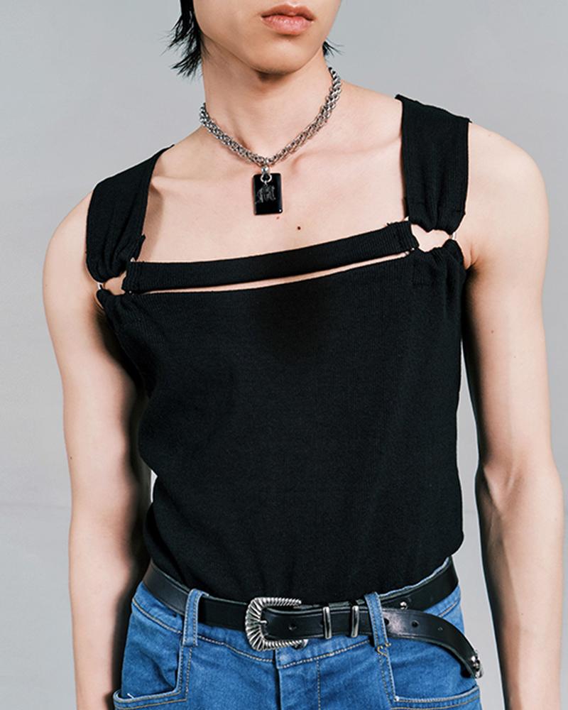 

Solid Color Splicing Heart Ring Sleeveless Tank Top, Black