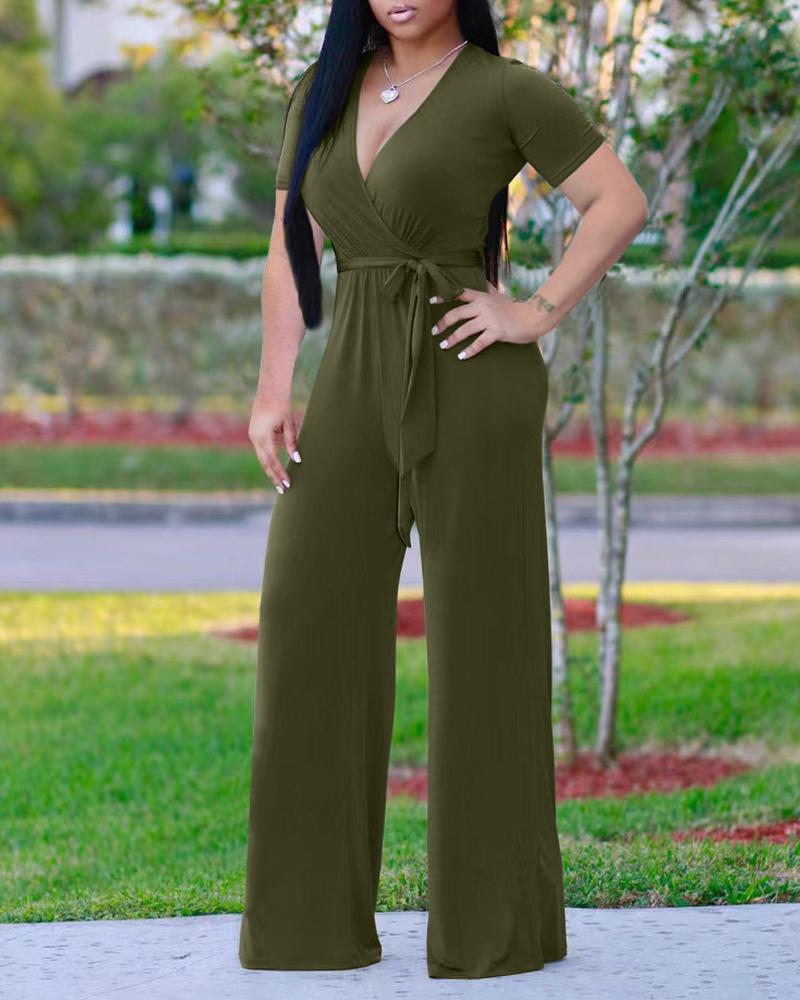 

Short Sleeve Surplice Neck Belted Jumpsuit, Green