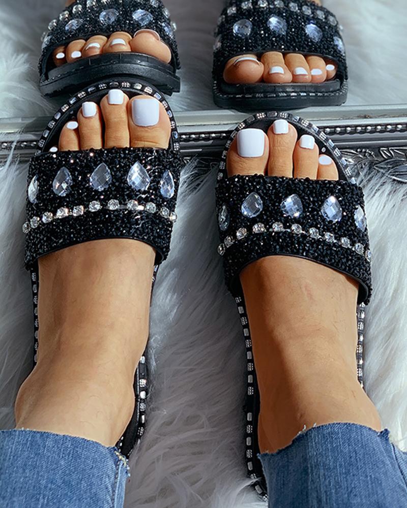 

Studded Open Toe Flat Sandals, Black