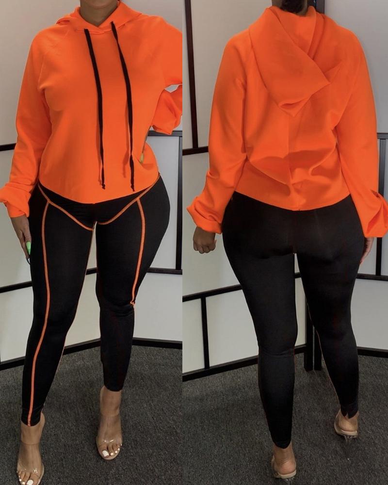 

Long Sleeve Hooded Top & Colorblock Pants Set, Orange
