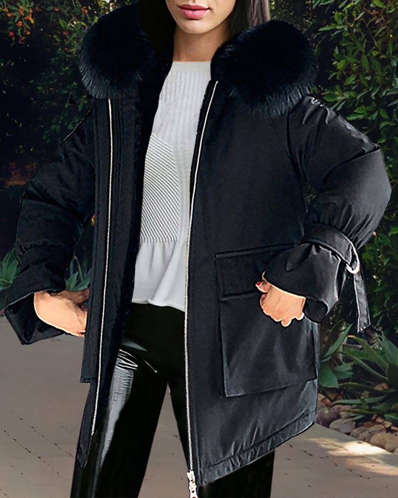 

Pocket Design Lined Faux Fur Hooded Parka Coat, Black