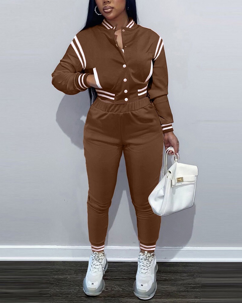 

Contrast Paneled Crop Baseball Jacket & Pants Set, Coffee