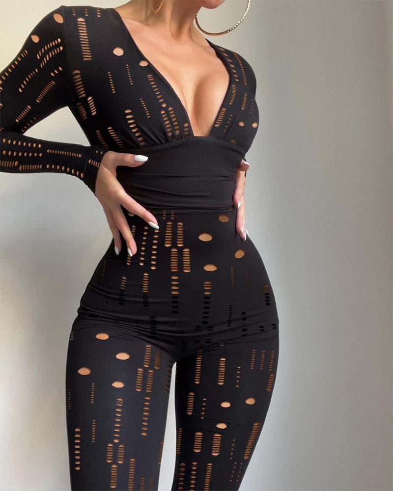 

Hollow Out Deep V-Neck Skinny Jumpsuit, Black