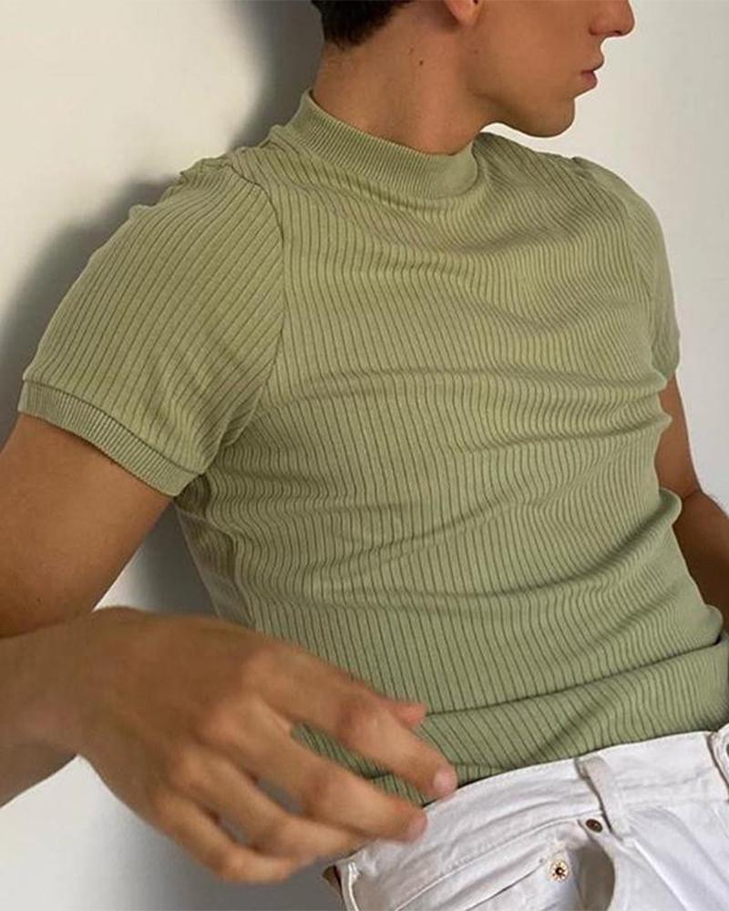

Solid Color Short Sleeve Ribbed T-shirt, Green