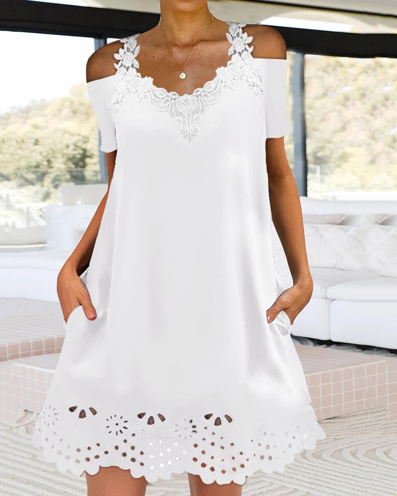 

Contrast Lace Cold Shoulder Casual Dress, White