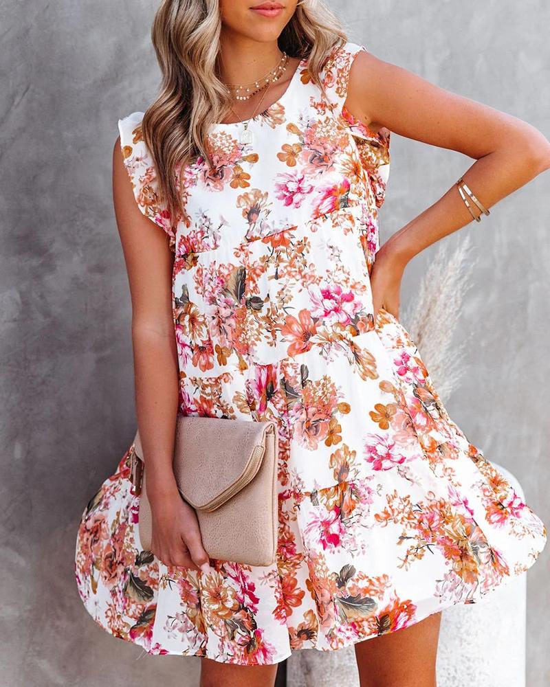 

Floral Print Sleeveless Frill Hem Ruched Dress, Pink