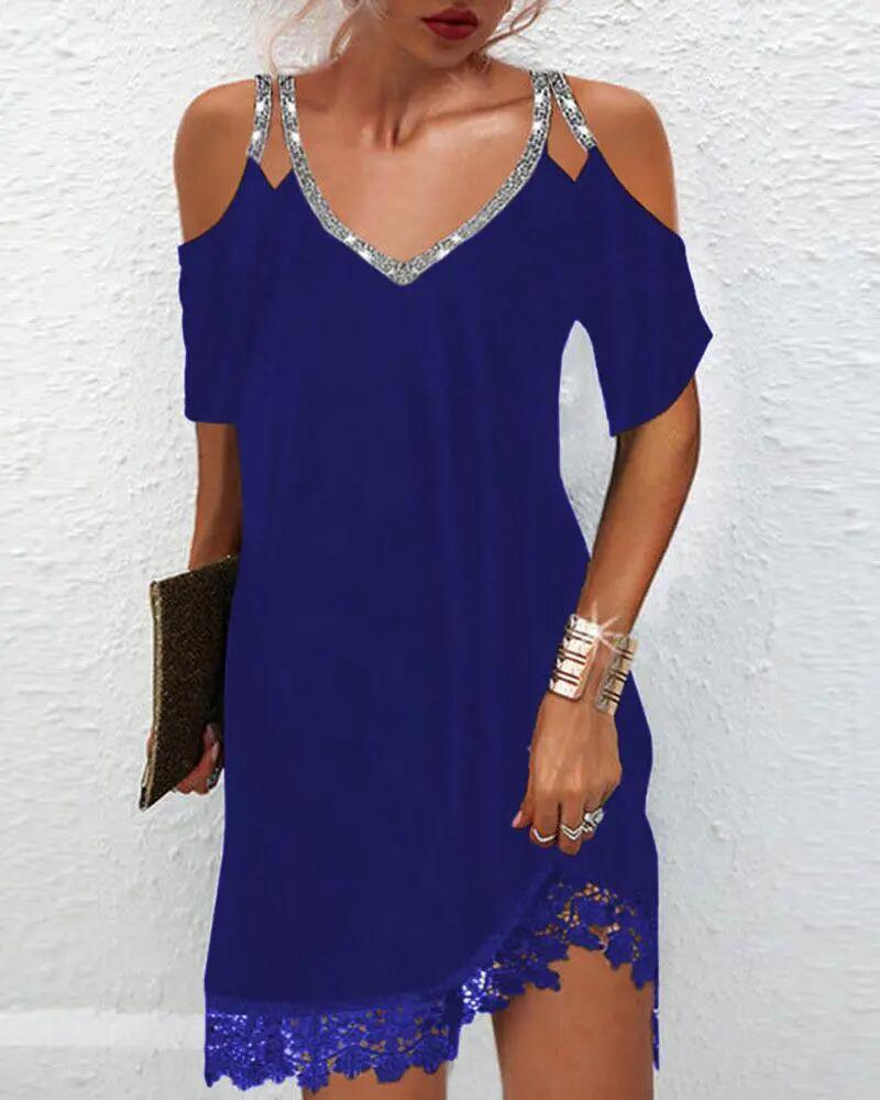 

Contrast Lace Cold Shoulder Casual Dress, Blue