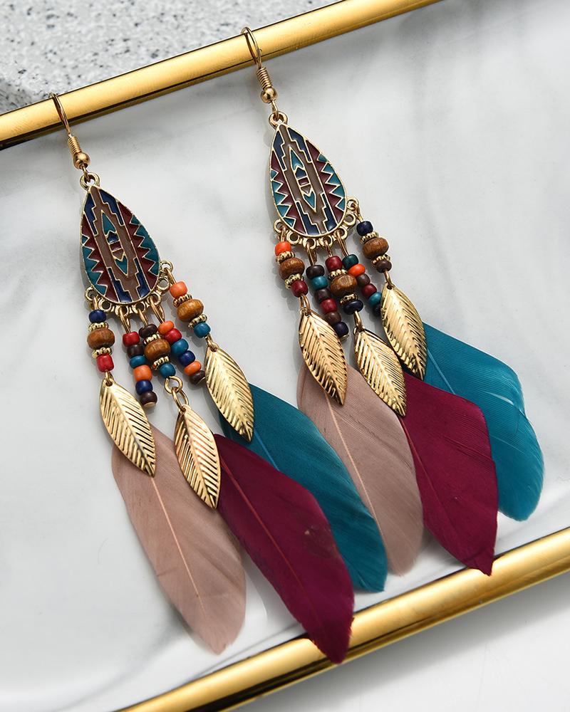 

1Pair Bohemian Hollow Out Geometric Feather Drop Earrings, Style1