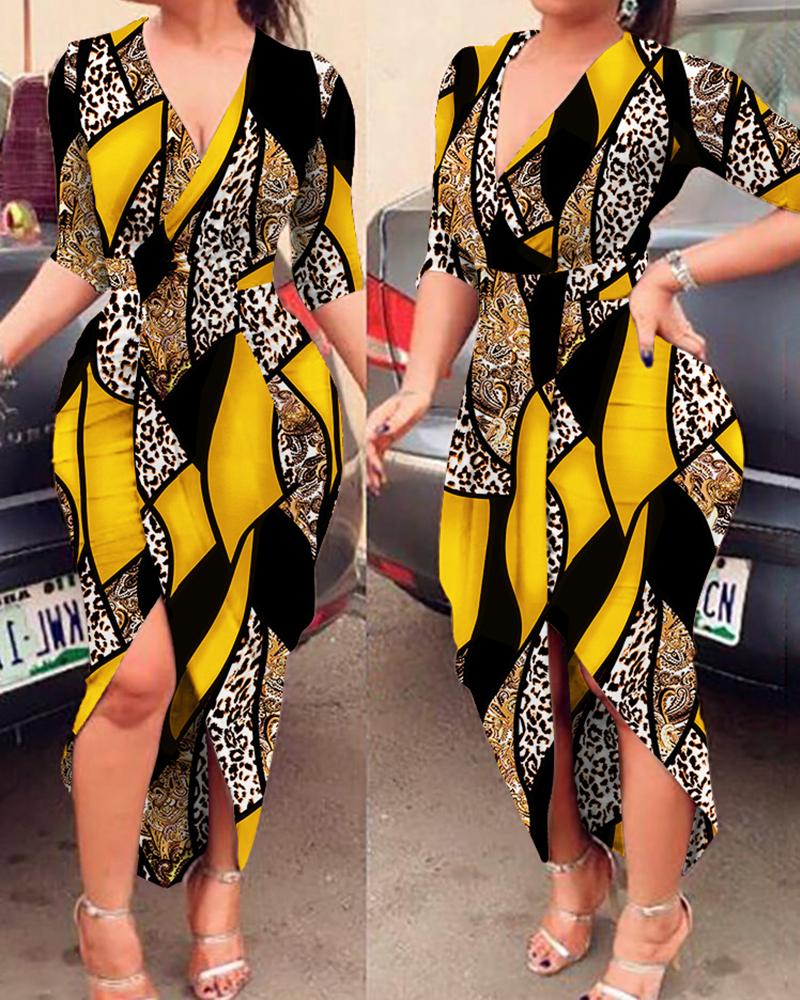 

Baroque Leopard Print Slit Midi Dress, Yellow