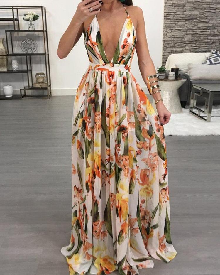 

Floral Print Pleated Backless Slip Maxi Dress, Yellow