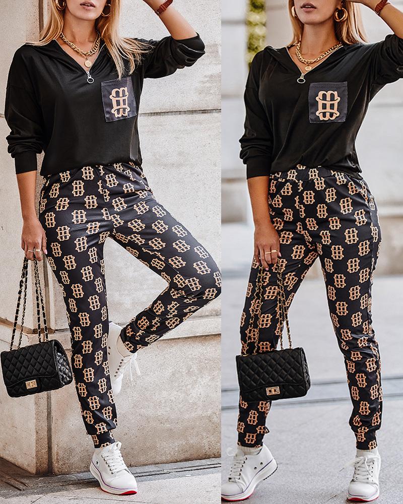 

ChicMe Letter Print Zip Front Hooded Top & Pants Set, Black