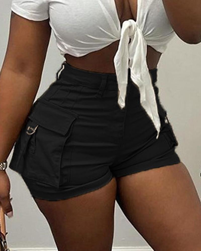 

Flap Pocket High Waist Shorts, Black